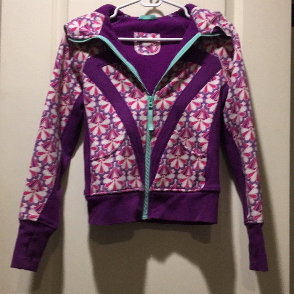 Lululemon athletica girl Ivivva ZipUp floral hood fleece jacket lined warm 12